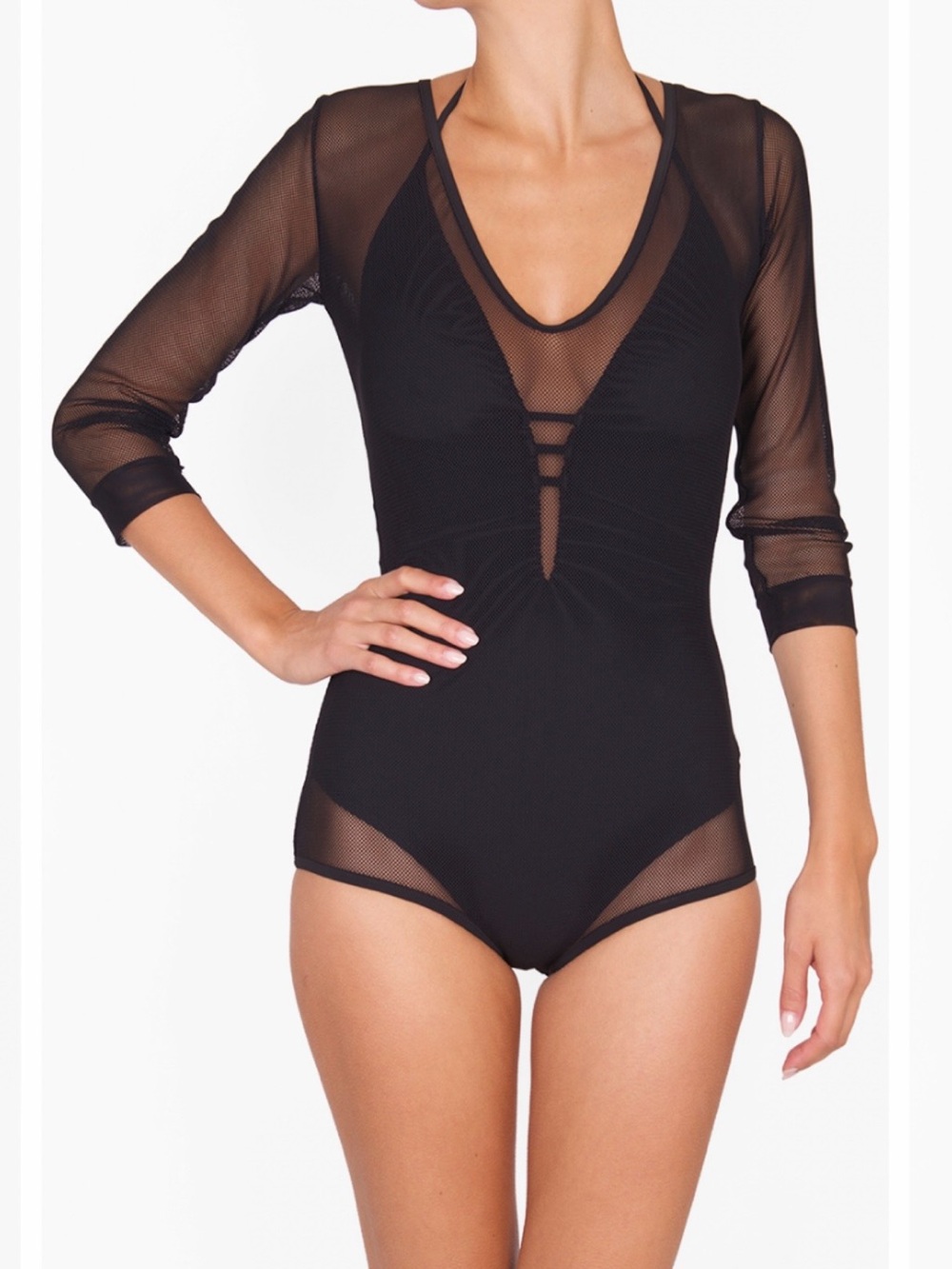 SHAN Canada Black Sheer Mesh V-Neck Bodysuit - Size 12/L - NWOT